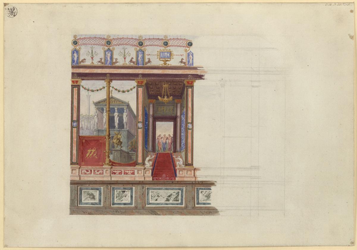 Berlin, Wilhelmstraße 102. Palais des Prinzen Albrecht von Preußen, ovaler Speisesaal (?). Entwurf zu einer Wanddekoration