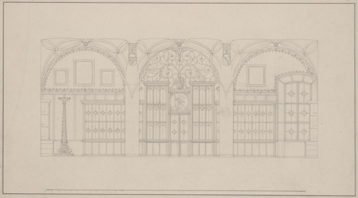 Berlin. Schloss, Wohnung Kronprinz Friedrich Wilhelms IV. von Preußen, Erasmuskapelle. Einrichtung zum Arbeitszimmer des Kronprinzen. Entwurf zu einer Trennwand