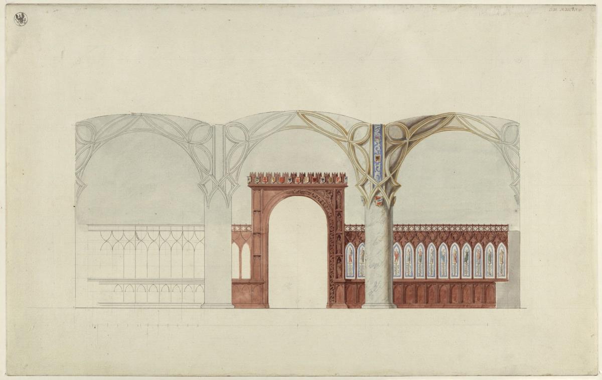 Berlin. Schloss, Wohnung Kronprinz Friedrich Wilhelms IV. von Preußen, Erasmuskapelle. Einrichtung zum Arbeitszimmer des Kronprinzen. Entwurf zu einer Trennwand