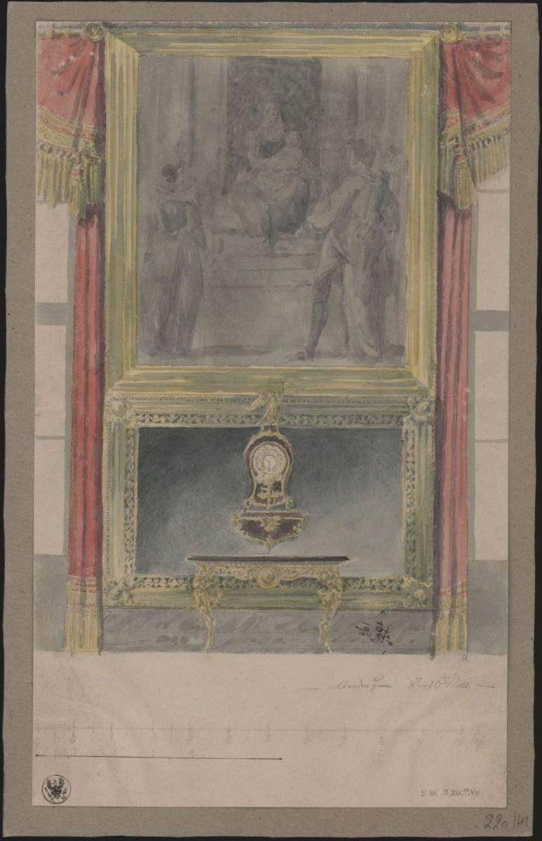 Berlin. Schloss, Wohnung Kronprinz Friedrich Wilhelms IV. von Preußen, Speisezimmer. Entwurf zur Anbringung des Gemäldes "Die Königin der Niederlande, gekleidet nach Raffaels 'Johanna von Aragonien' präsentiert ihrem Neffen, dem Kronprinzen, ein Madonnenbild" am Fensterpfeiler