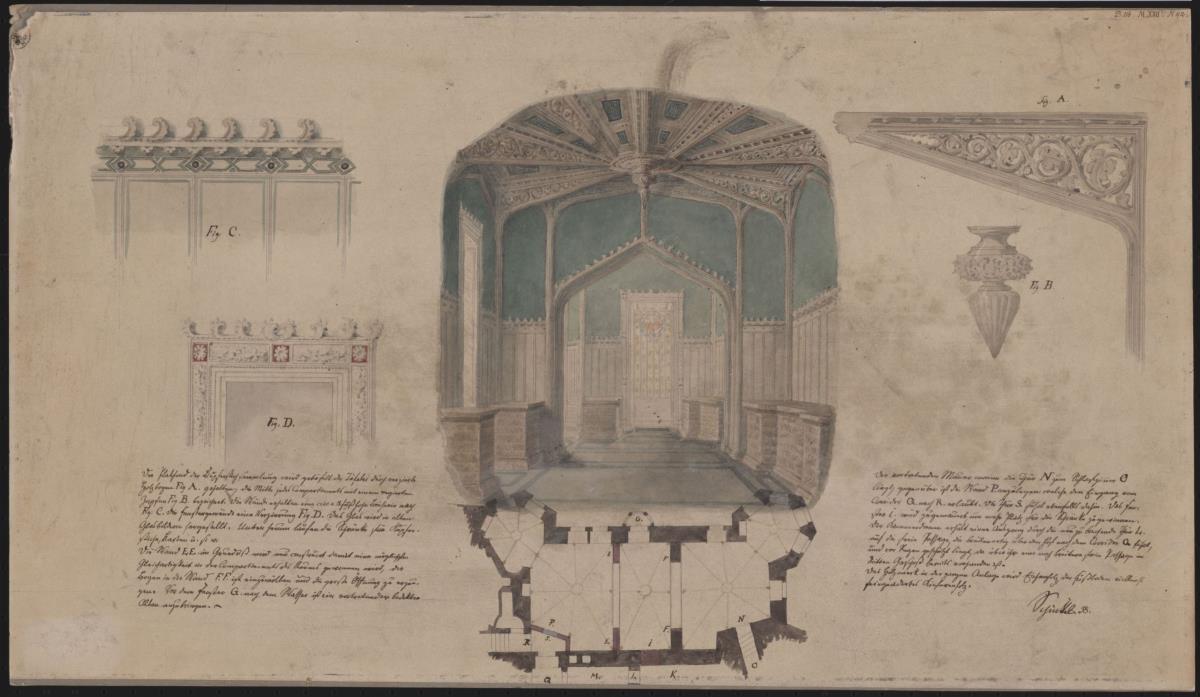 Berlin. Schloss. Entwurf zur Einrichtung der Räume im "Haus der Herzogin" für die Kupferstichsammlung Kronprinz Friedrich Wilhelms IV. Perspektive, Grundriss und Details der Dekorationen, mit Erläuterungen