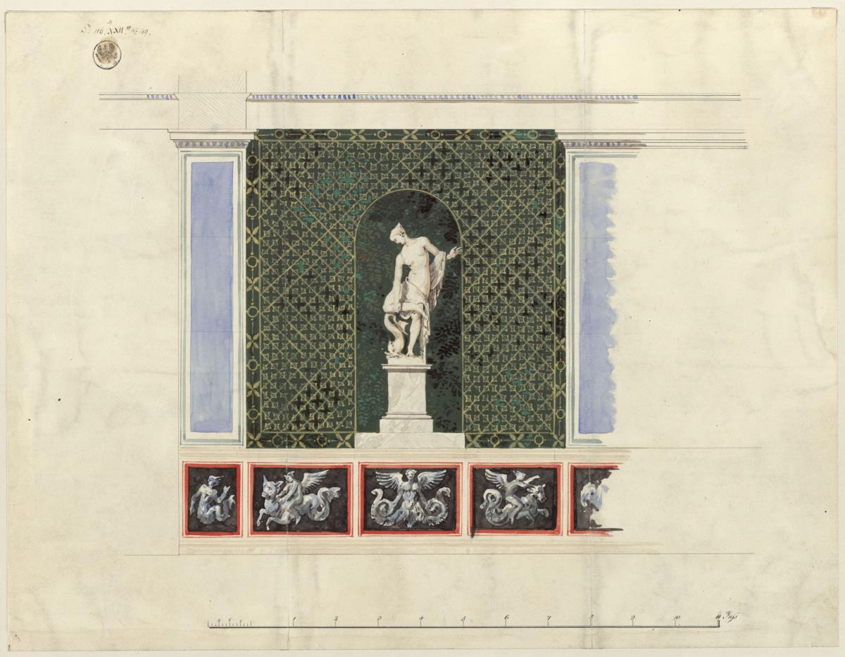 Potsdam-Sanssouci. Schloss Charlottenhof. Entwurf zur kleinen Portikus mit Statue