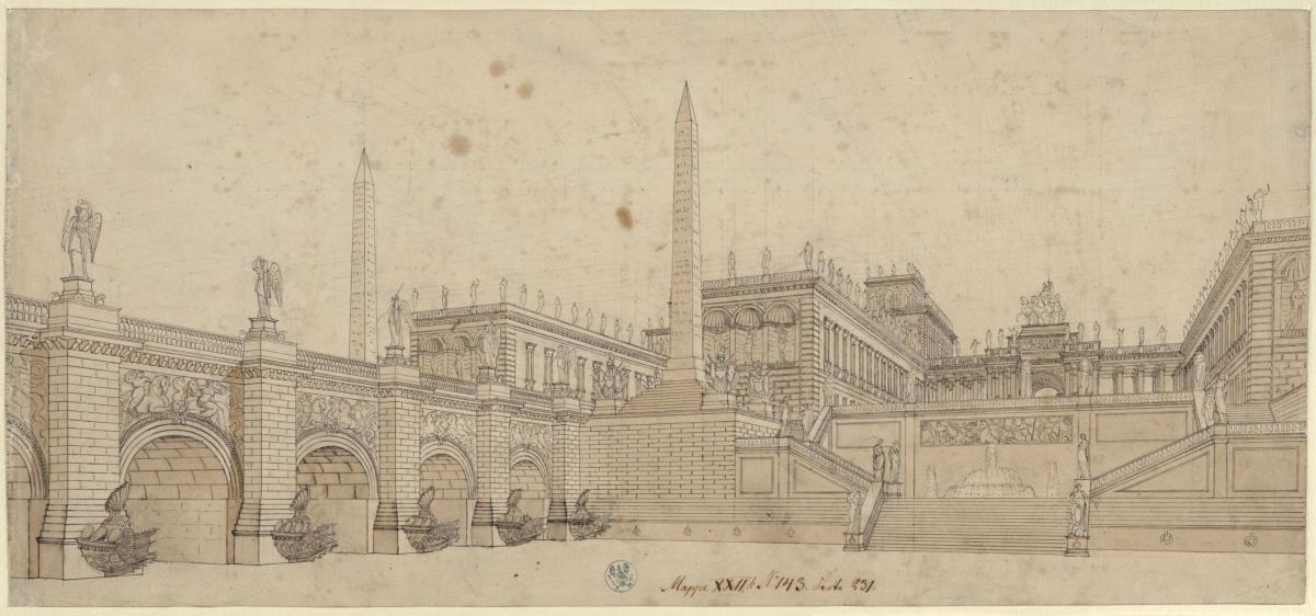 Palastanlage mit Brücke, an einem Fluss