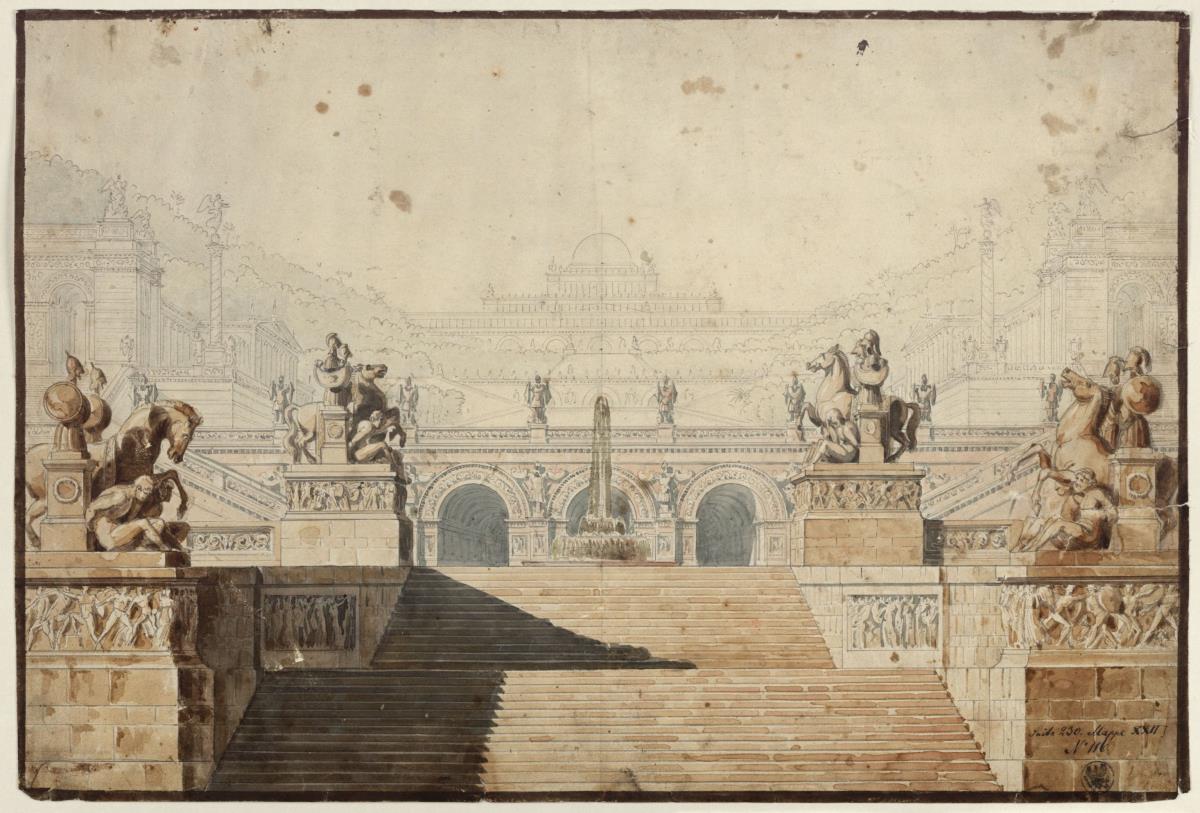 Armida. Oper von Christoph Willibald Gluck. Entwurf zur 1. Dekoration. Palast mit Treppenanlage