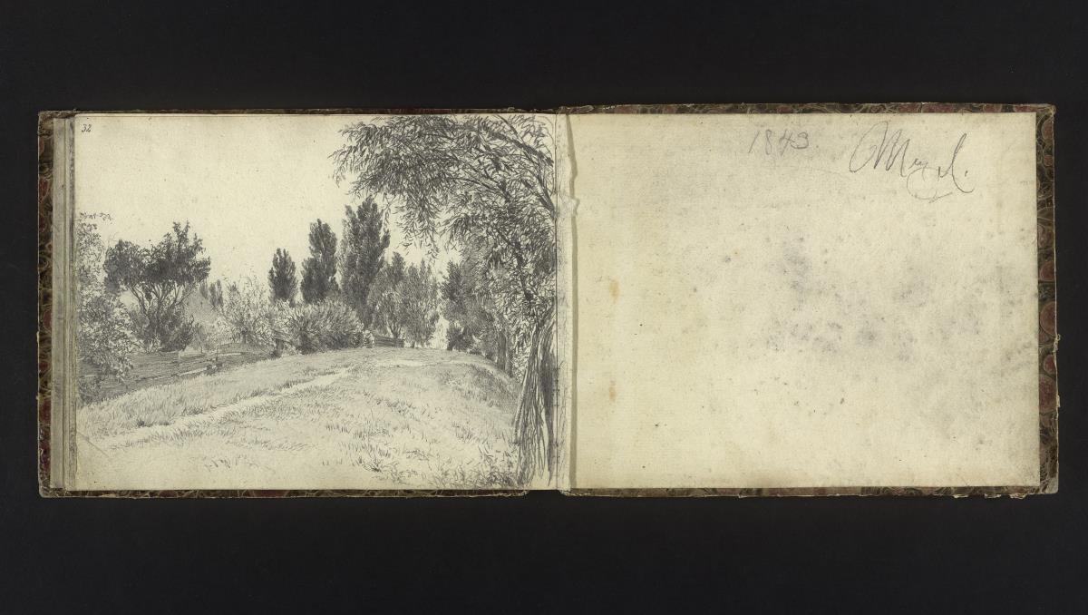 Von Bäumen umstandene hügelige Wiese mit Pfad, Zaun und Haus im Hintergrund