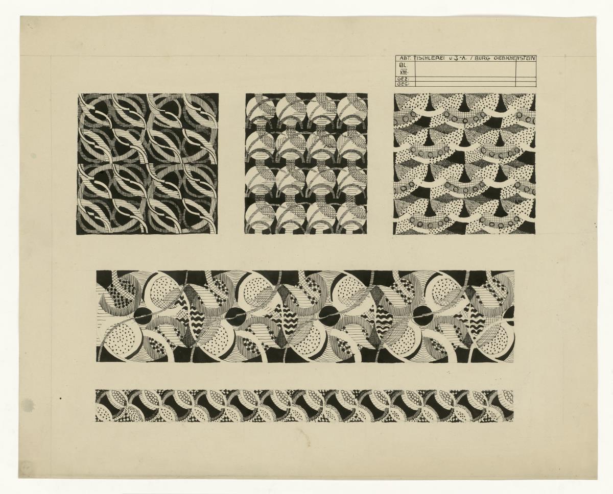 Komposition von fünf gemusterten Ornament-Flächen (Kompositionsstudien, ornamental)