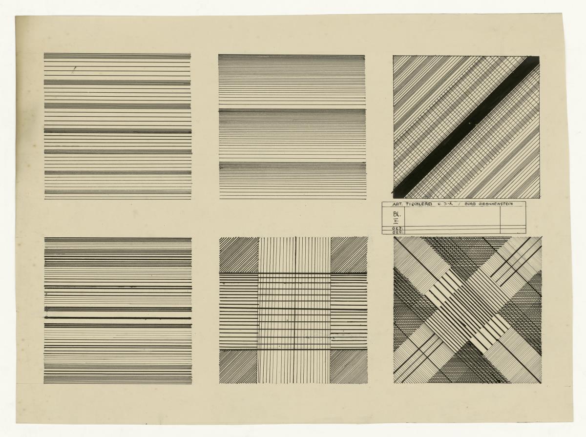 Komposition von sechs Quadratenmit Linienmuster (Kompositionsstudien, ornamental)