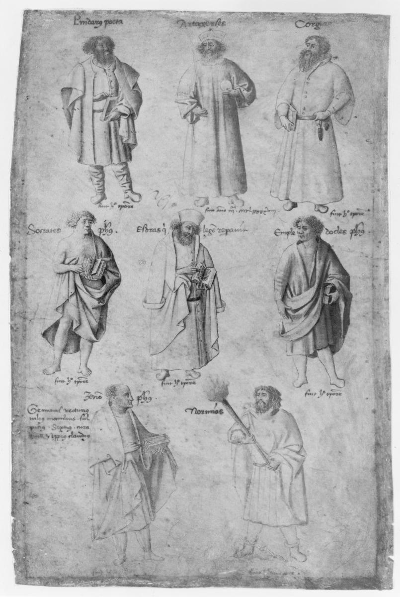 Blatt aus einer Weltchronik (der so genannten „Cockerell-Chronik“) – acht „uomini famosi“: Pindar, Artaxerxes, Gorgias, Sokrates, Esra, Empedokles, Zenon und Nehemia