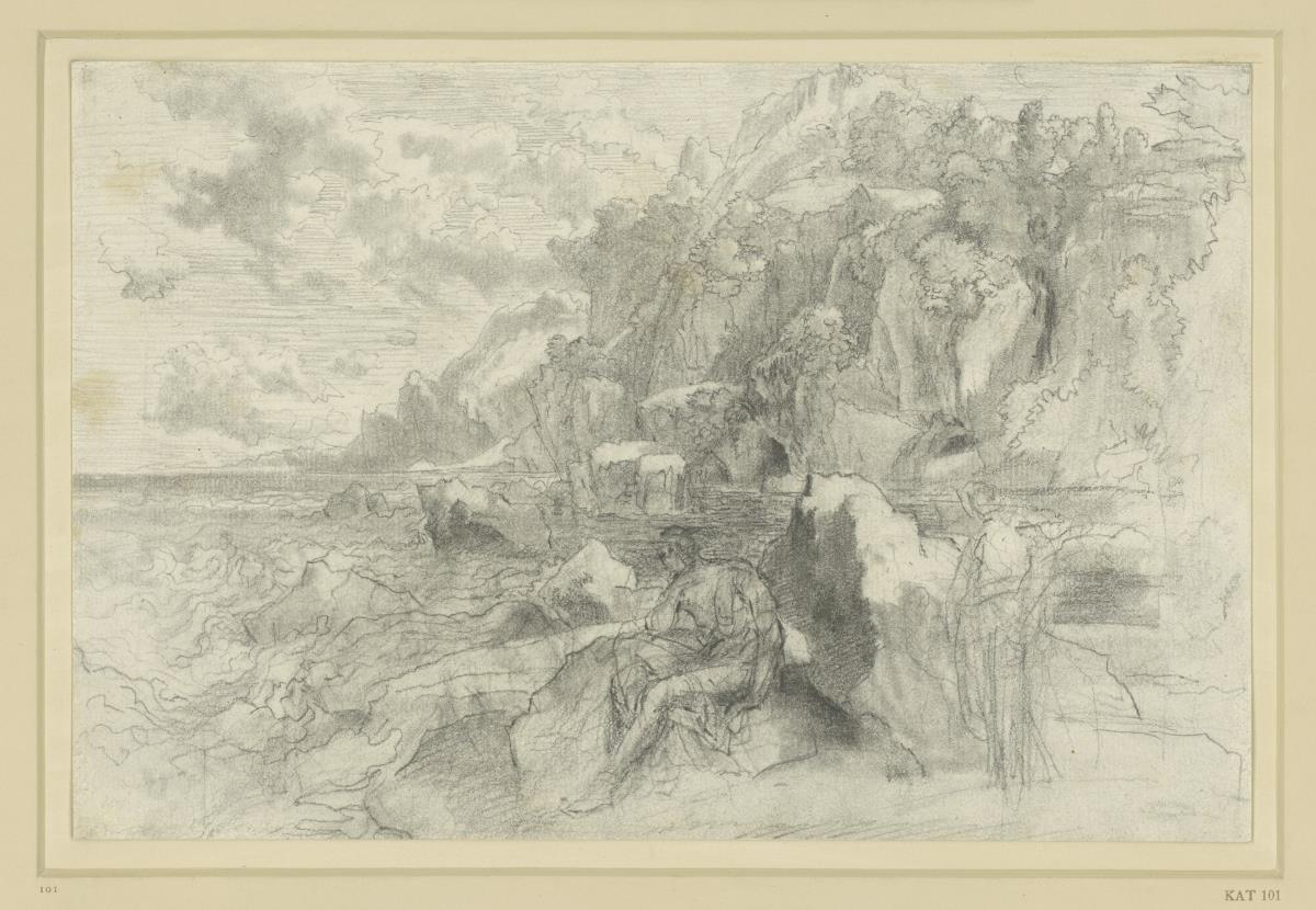 Felsige Meeresküste, im Vordergrund Odysseus und Calypso