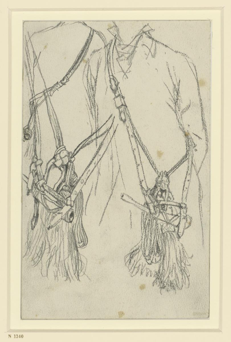 Modell mit Jagdhorn, Hornfessel und Hornseil  zur Smaragd-Jagdwafffengarnitur Johann Georgs I. von Sachsen in drei Ansichten, Historisches Museum, Dresden