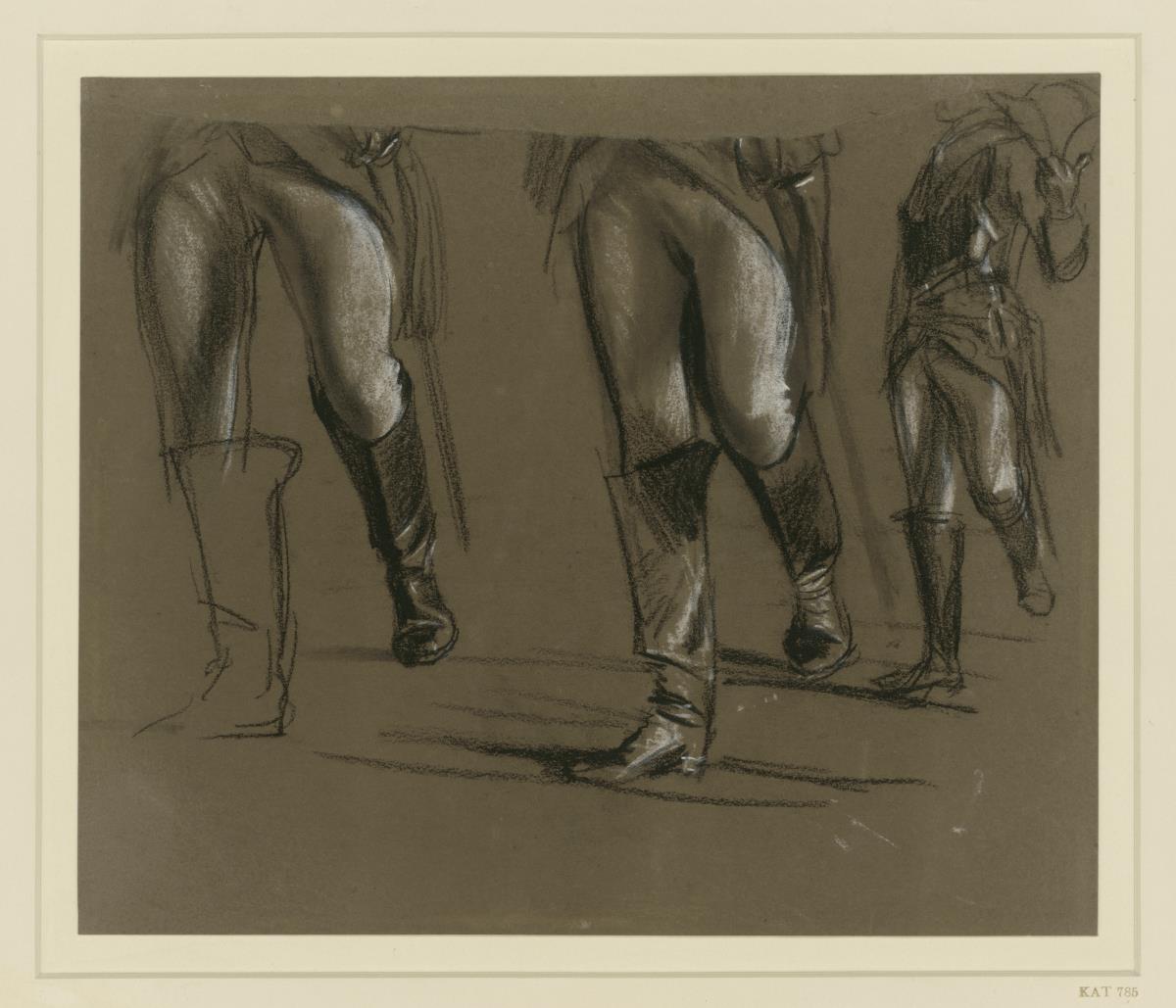 Modellstudie zu General Seydlitz. Unterkörper in Reiterstiefeln, rechts kleine ganze Figur ohne Kopf. Modellstudie zu "Das Treffen Friedrich II. und Joseph II. in Neisse"