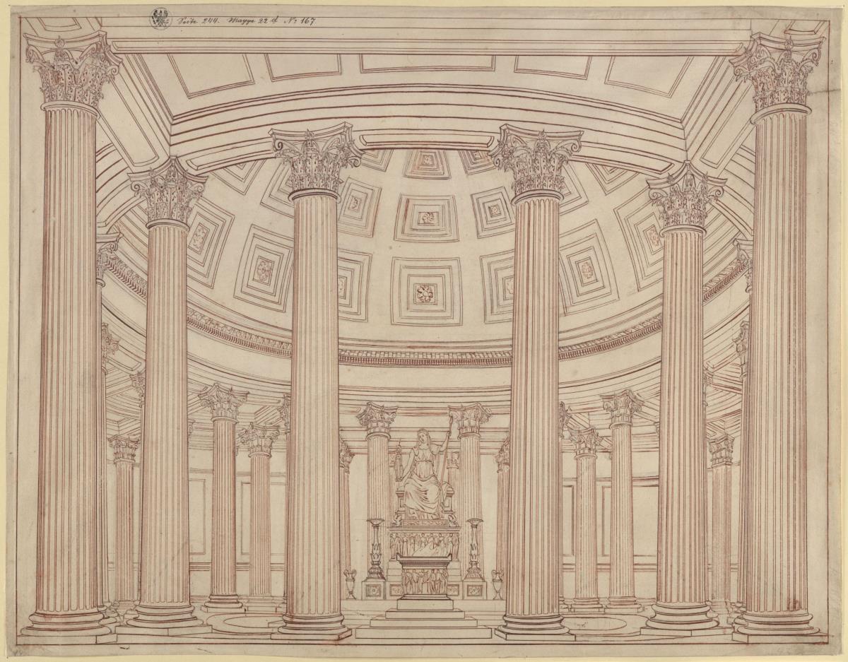 Die Vestalin. Oper von Gaspare Spontini. Kopie des Entwurfs zur 2. Dekoration. Blick in den Tempel der Vesta