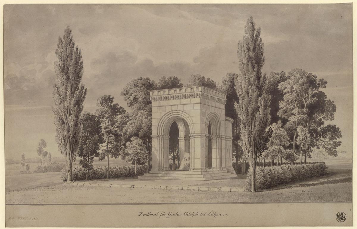 Lützen. Entwurf zu einem Denkmal für König Gustav II. Adolf von Schweden in Form einer romanischen Halle über dem Schwedenstein mit angefügter Apsis. Ansicht