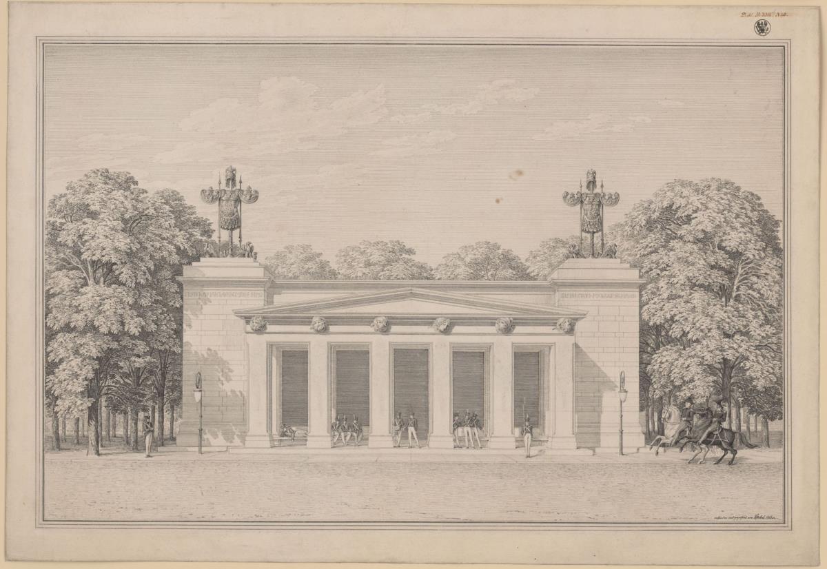 Berlin. Neue Wache. Vorentwurf  mit Trophäen und Kriegermasken