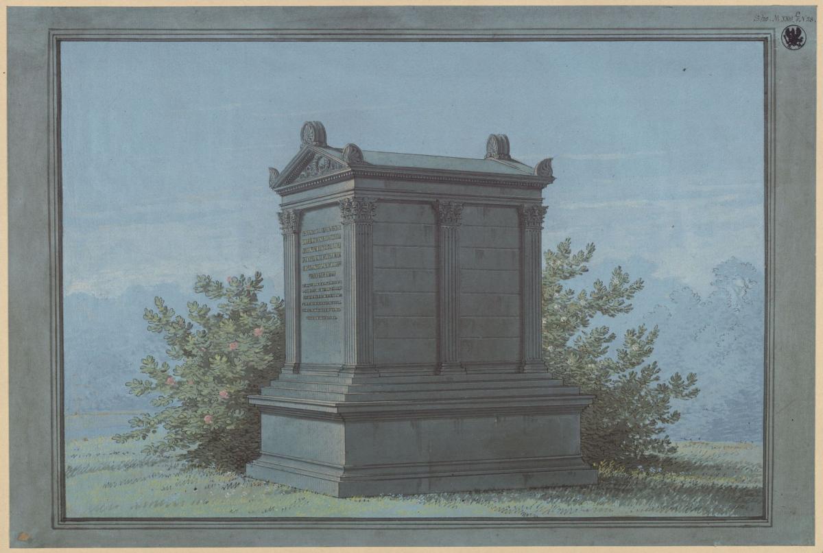 Sarkophag in Tempelform / Belchau (Białochowo), ehemals Kreis Graudenz (Powiat Grudziądzki), Regierungsbezirk Marienwerder (Województwo Kujawsko-Pomorskie). Entwurf zum Grabdenkmal Klinggräf in Form eines kleinen Tempels mit korinthischen Pilastern