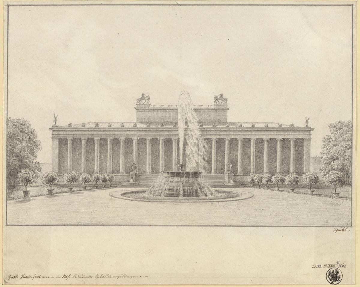 Berlin. Brunnenentwurf für den Lustgarten. Ansicht mit hoher Fontäne