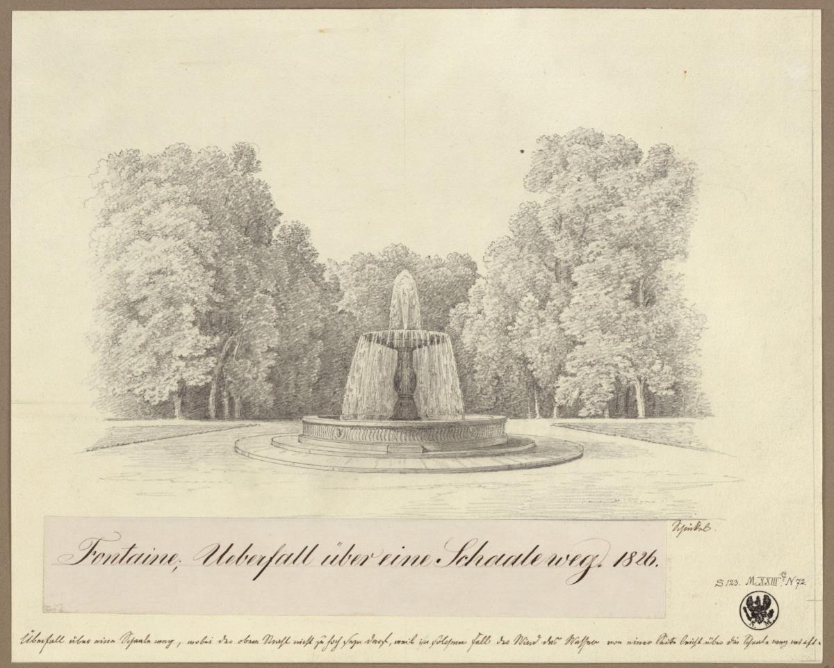 Entwurf für einen Schalenbrunnen mit Schaft in einem runden Becken