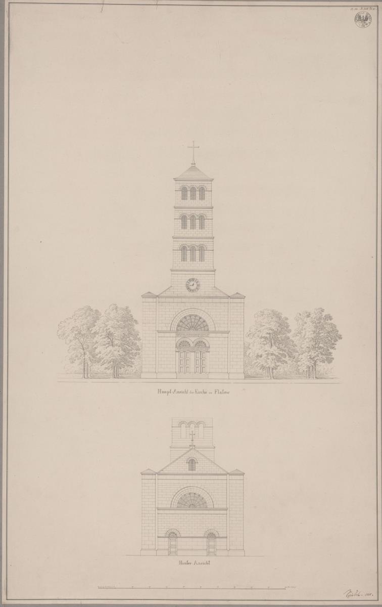Flatow. Entwurf zur Dorfkirche. Ansicht der Hauptseite und der Rückseite