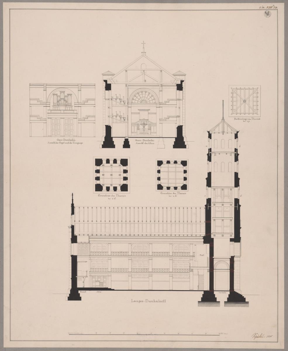 Flatow. Entwurf zur Dorfkirche. Längsschnitt, Querschnitte, Grundrisse des Turms und Balkenlage im Turm