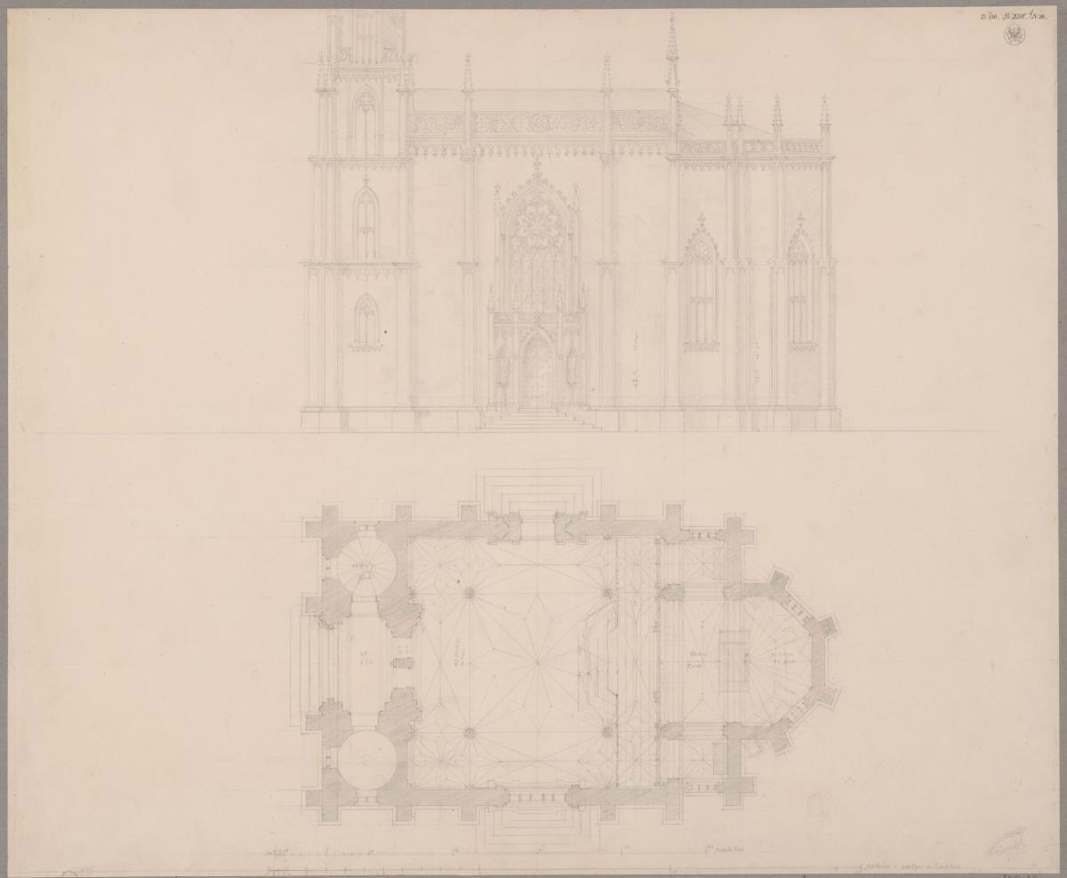 Peterhof. Entwurf für die Alexander-Newski-Kapelle. Grundriss und Seitenansicht