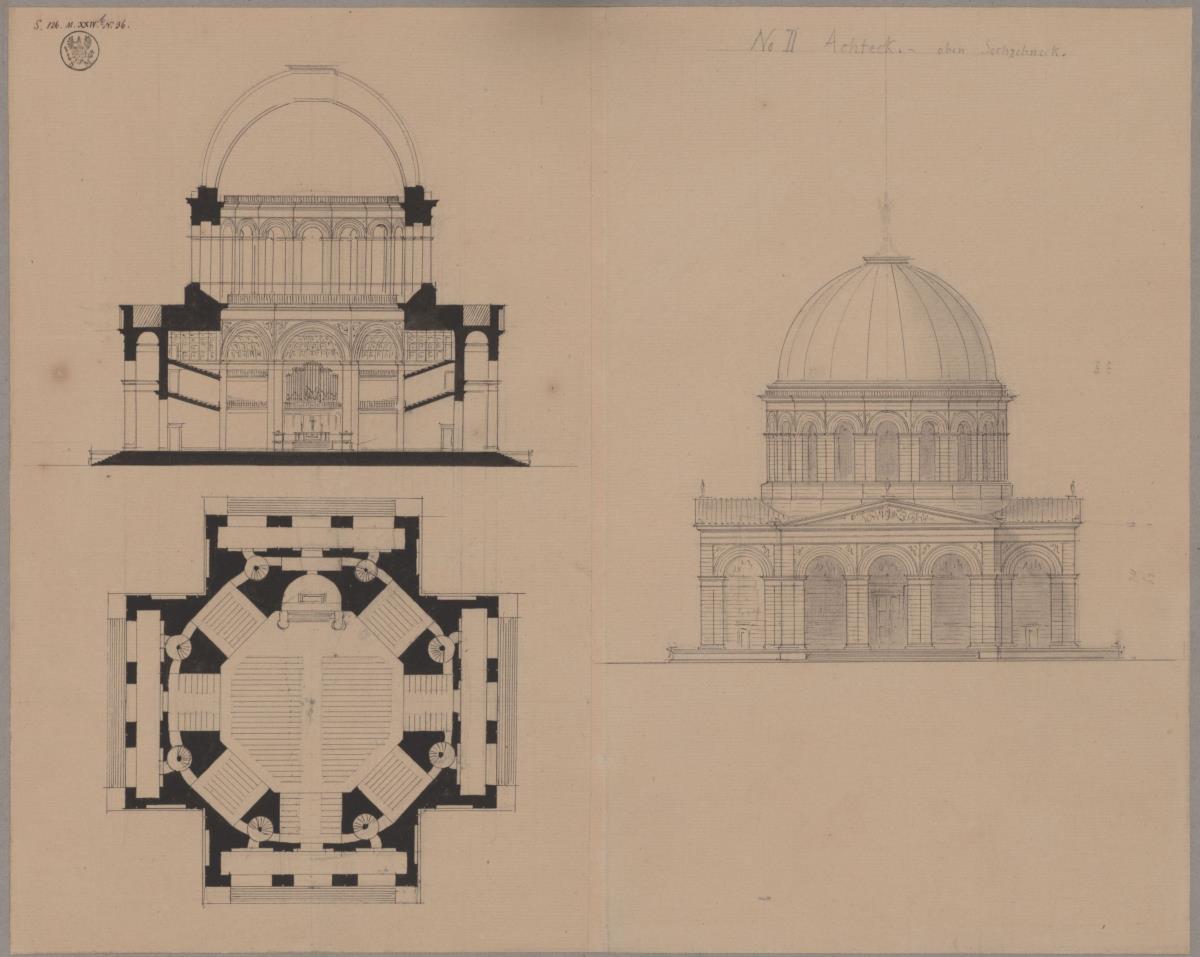 Potsdam. Nikolaikirche. Entwurf im Achteck. Grundriss, Schnitt und Ansicht