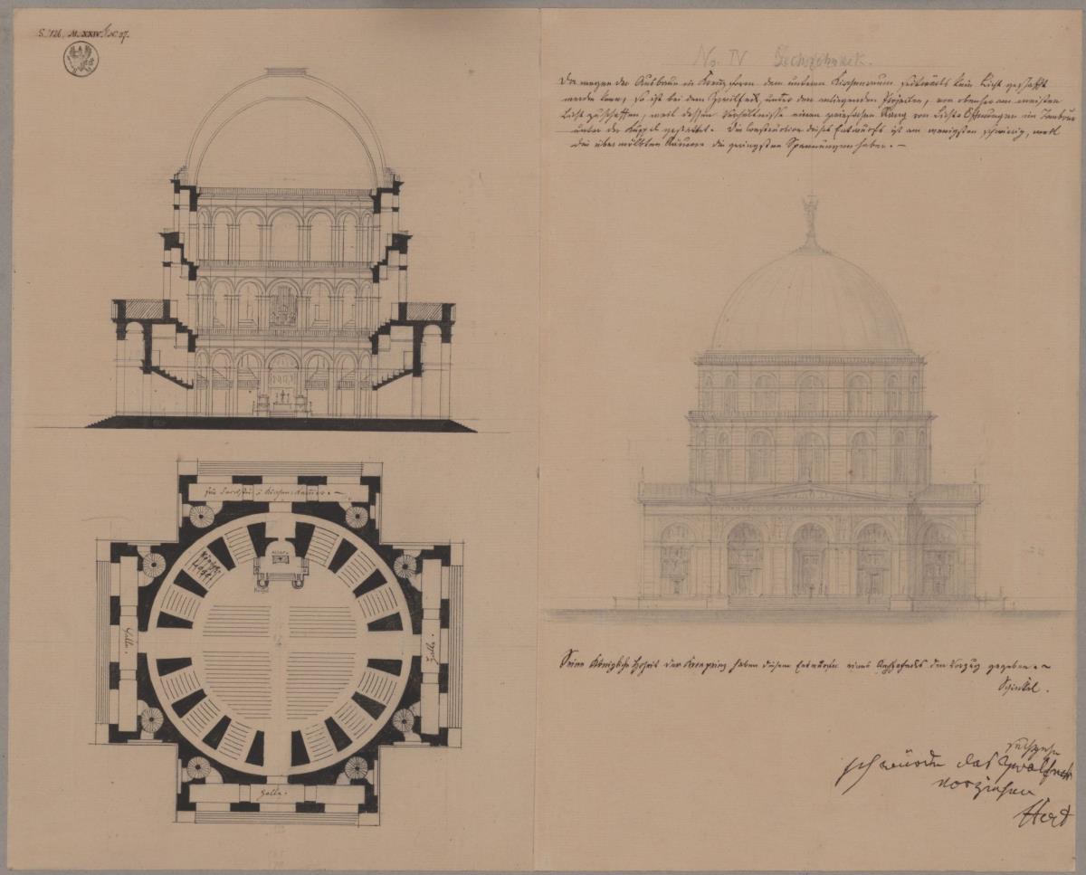 Potsdam. Nikolaikirche. Entwurf im Sechzehneck. Grundriss, Schnitt und Ansicht