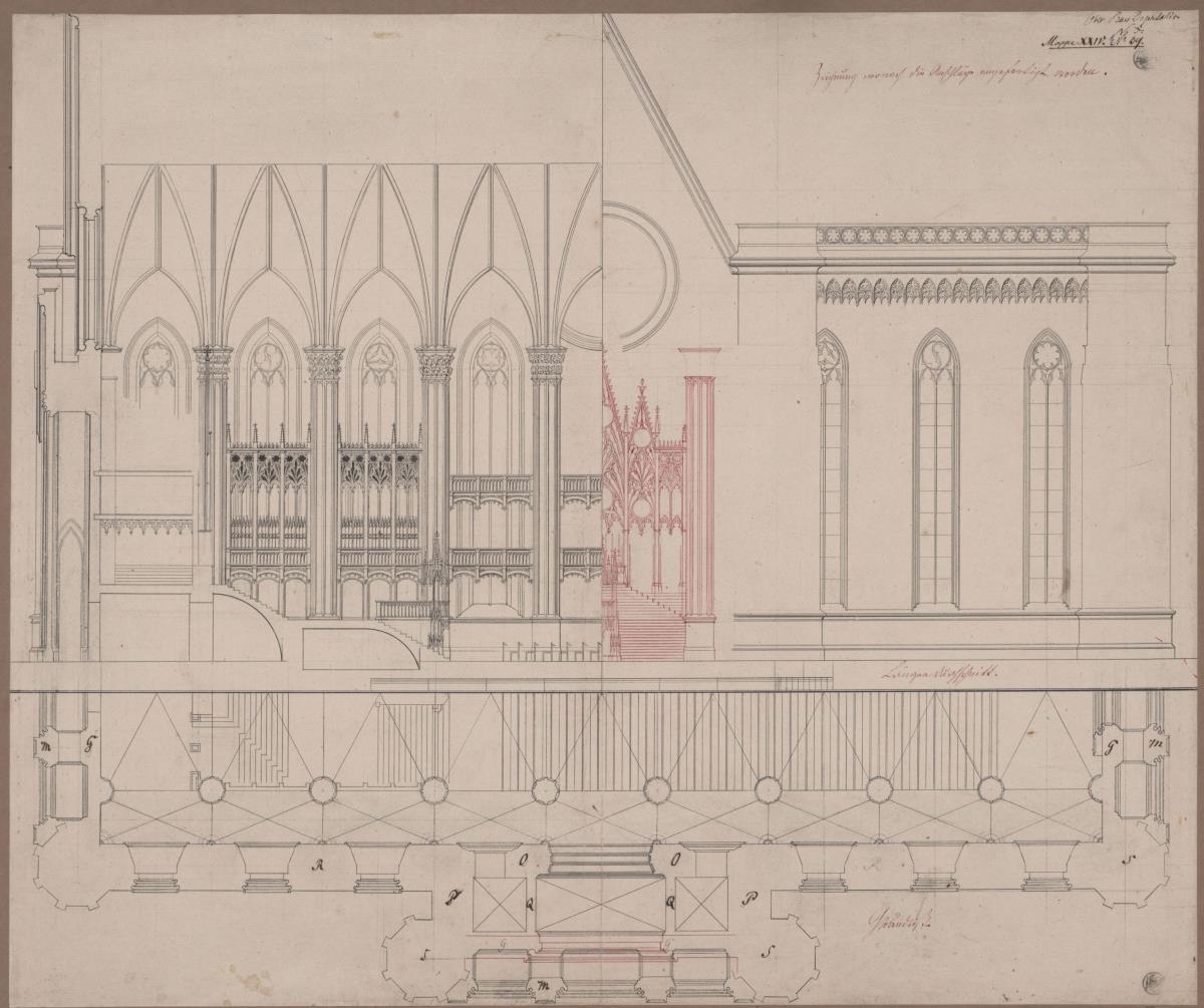Berlin. Petrikirche. Plan zum Wiederaufbau im gotischen Stil. Längsschnitt und Grundriss
