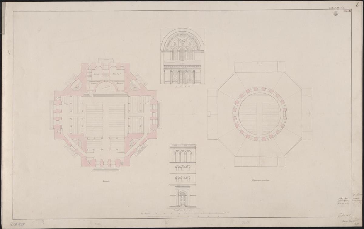 Berlin, Oranienburger Vorstadt. Entwurf zu einer Kirche (Vorstadtkirche Typ 5, "Kirche in Kreuzform"). Grundriss, Schnitte, Horizontalschnitt durch den Tambour