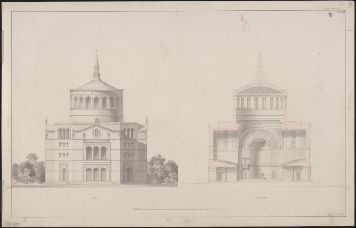 Berlin, Oranienburger Vorstadt. Entwurf zu einer Kirche (Vorstadtkirche Typ 5, "Kirche in Kreuzform"). Ansicht und Querschnitt