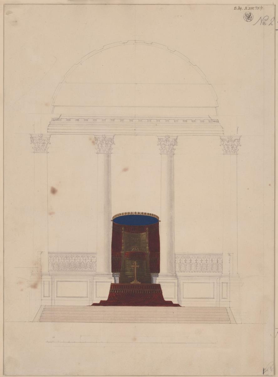 Berlin. Dom am Lustgarten. Umbauentwurf des Inneren. Ansicht von Altar und Kanzel