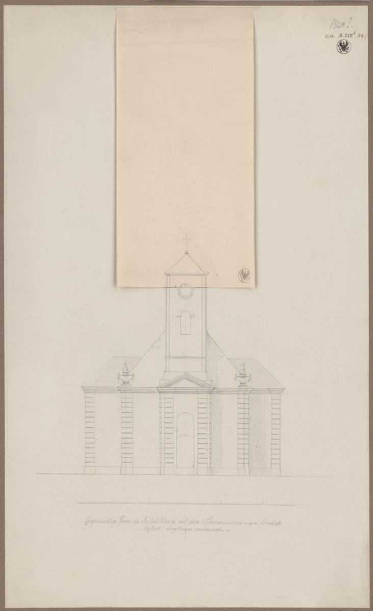 Berlin, Spittelmarkt. Gertraudenkirche. Aufriss der barocken Front mit abgetragenem Helm und Turmobergeschoss
