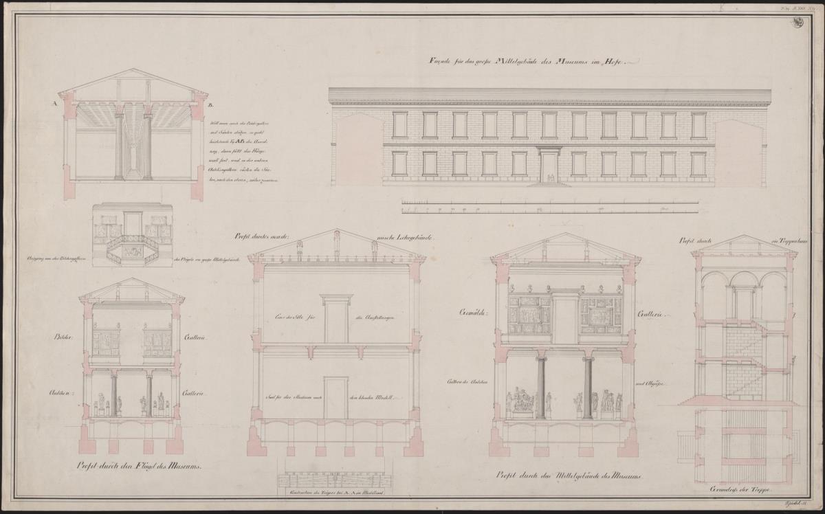 Berlin, Unter den Linden. Akademiegebäude. Entwurf zur Einrichtung eines Museums. Aufriss des Hofflügels, vier Schnitte und Aufriss des Aufgangs zur Bildergalerie