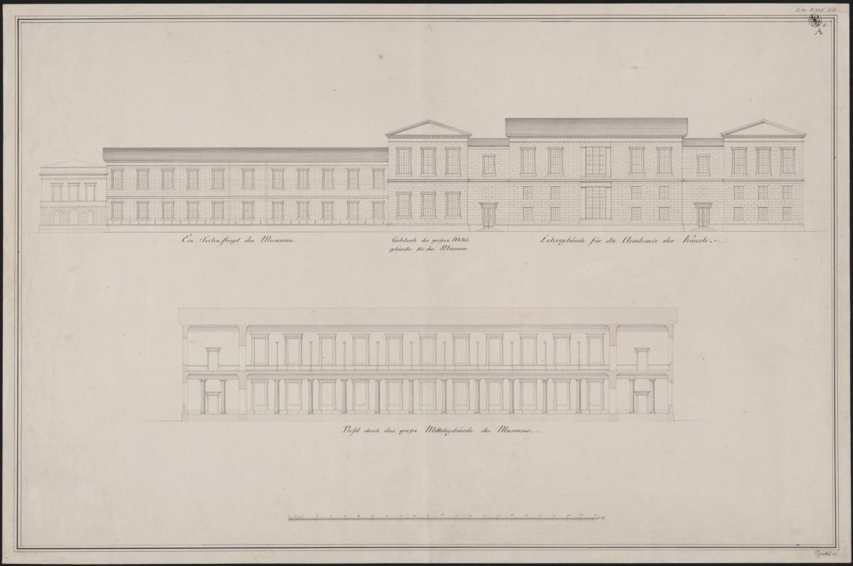 Berlin. Akademiegebäude Unter den Linden. Aufriss der Seitenfassade und Längsschnitt