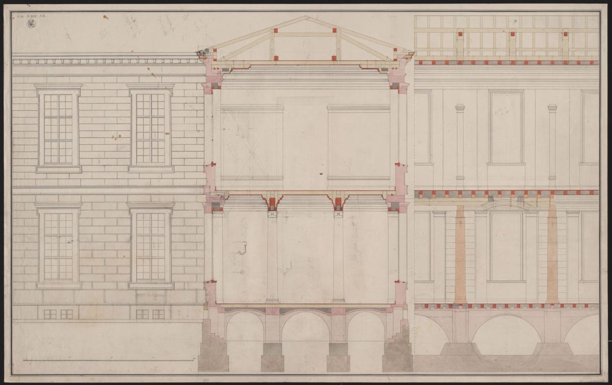 Berlin. Akademiegebäude Unter den Linden. Teilaufriss der Fassade, Teillängsschnittdetail und Querschnitt