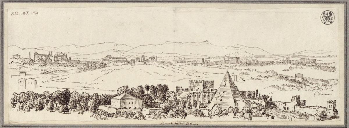 Blick vom Monte Testaccio in Rom nach Osten, im Vordergrund die Cestiuspyramide und die Porta San Paolo