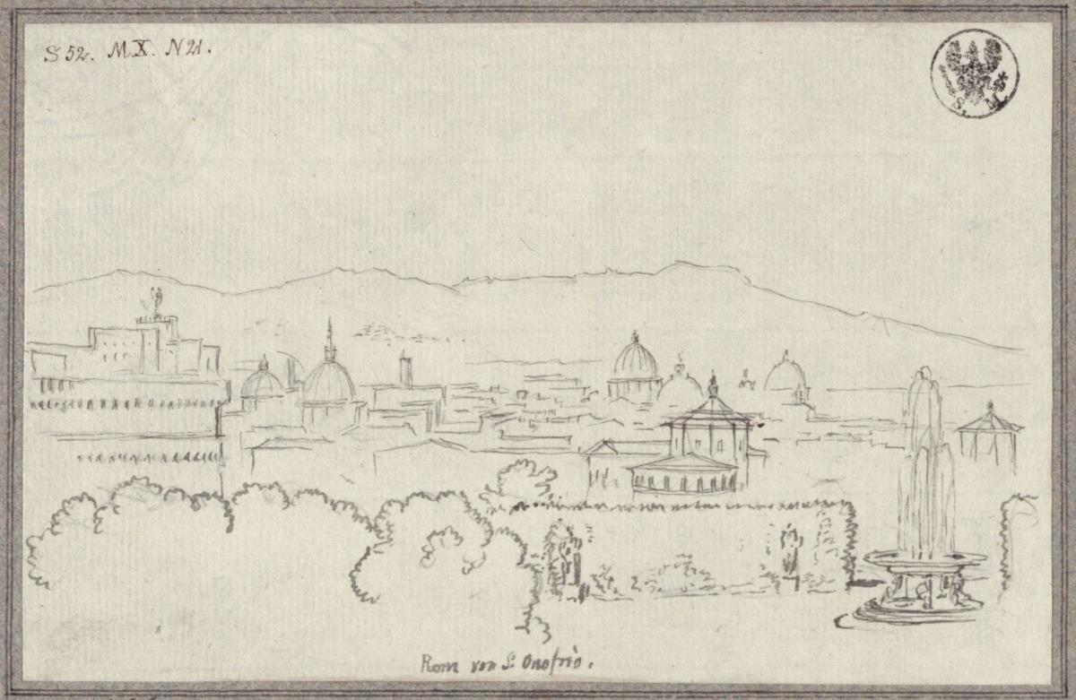 Blick aus dem Garten des Klosters Sant'Onofrio auf dem Gianicolo auf Rom, links die Engelsburg