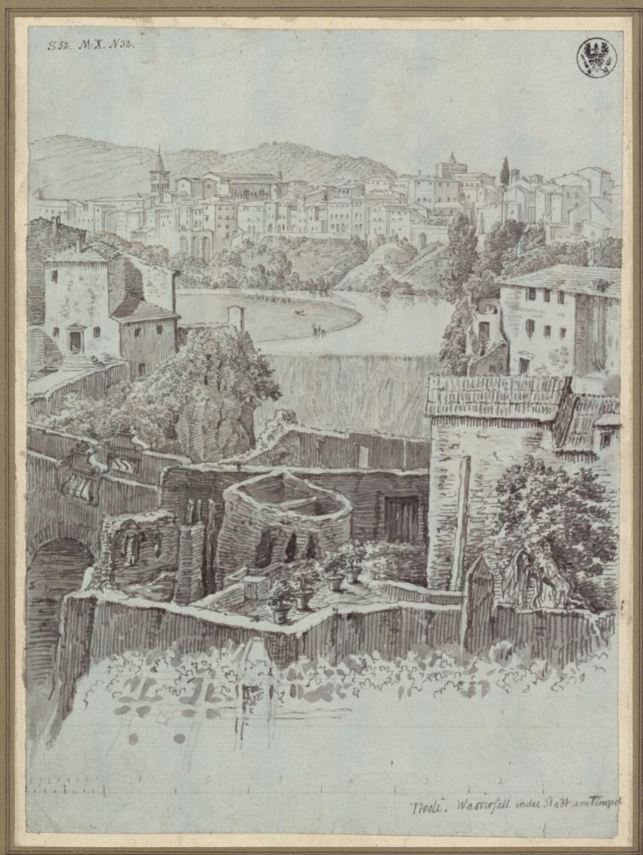 Blick von einem Standort südlich des Vestatempels auf Tivoli mit dem Wasserfall des Anio (Aniene)