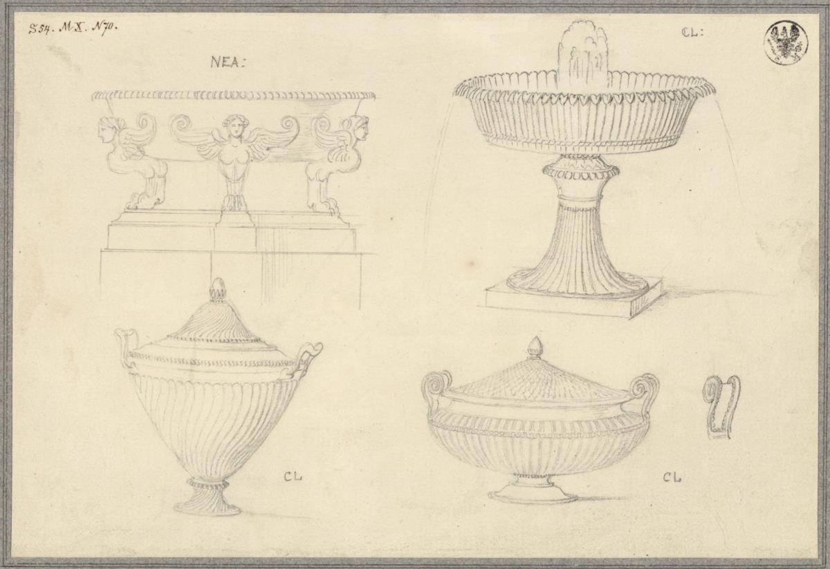 Eine von Harpien getragene Schale aus dem Museo Borbonico in Neapel & Drei Gefäße aus dem Museo Pio Clementino in Rom