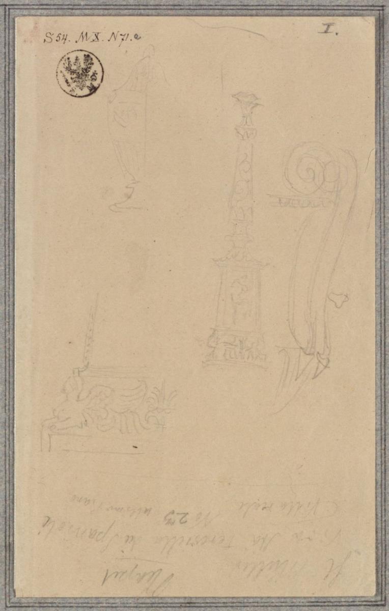 Skizze zum Kandelaber von Otricoli & Ein Volutenkrater & Eine andere Vase aus dem Museo Pio Clementino im Vatikan & Notizen