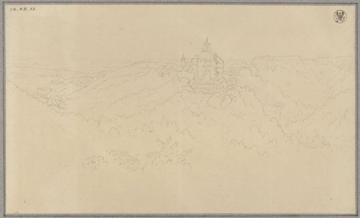 Gebirgslandschaft mit Schloss / Schloss Fürstenstein in Schlesien