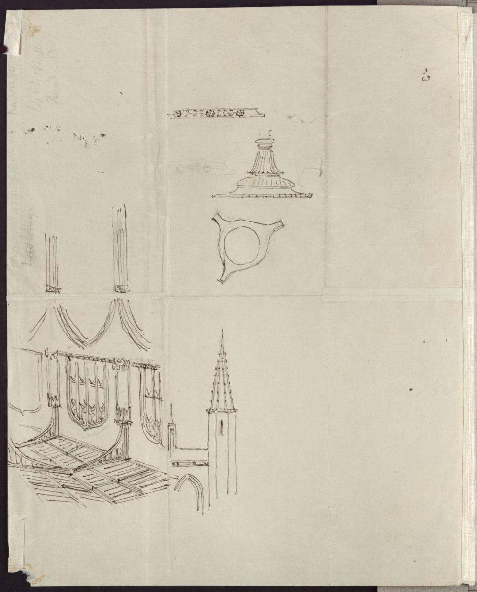Oxford. Innenansicht einer Kirche & Skizze eines polygonalen Turms & Skizze eines Kandelabers mit Grundriss