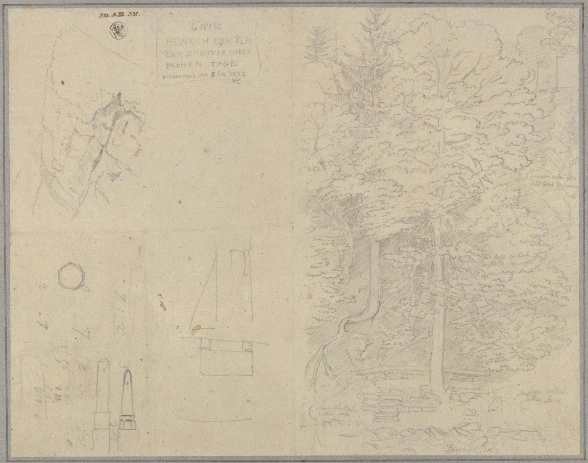 Fels & Baumpartie & Skizzen zu einem Denkstein oder einer Plakette auf Heinrich XLIII. von Reuß-Köstritz in Rothenfels (?)