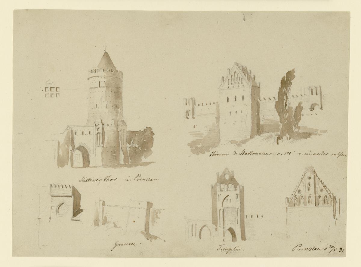 Prenzlau, Ansichten: Stettiner Stadttor, Türme der Stadtmauer; Stadttor von Templin, Stadtmauer von Gransee