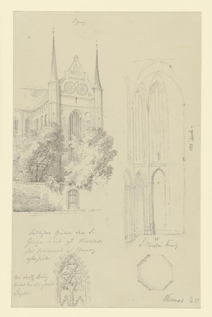 Wismar, Nikolaikirche, Innenaunsicht, Pfeilergrundrß; St. Georg südliches Querhaus,Maßwerkfenster