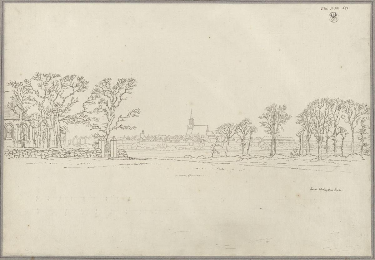 Ansicht von Treptow an der Rega (Trzebiatów) von Süden, von der Wichowschen Kirche