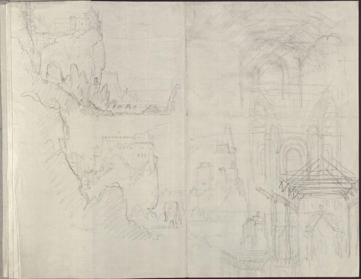 König Yngurd. Trauerspiel von Adolf Müllner. Vorstudien zu einem Felsenschloss und einem großen Saal