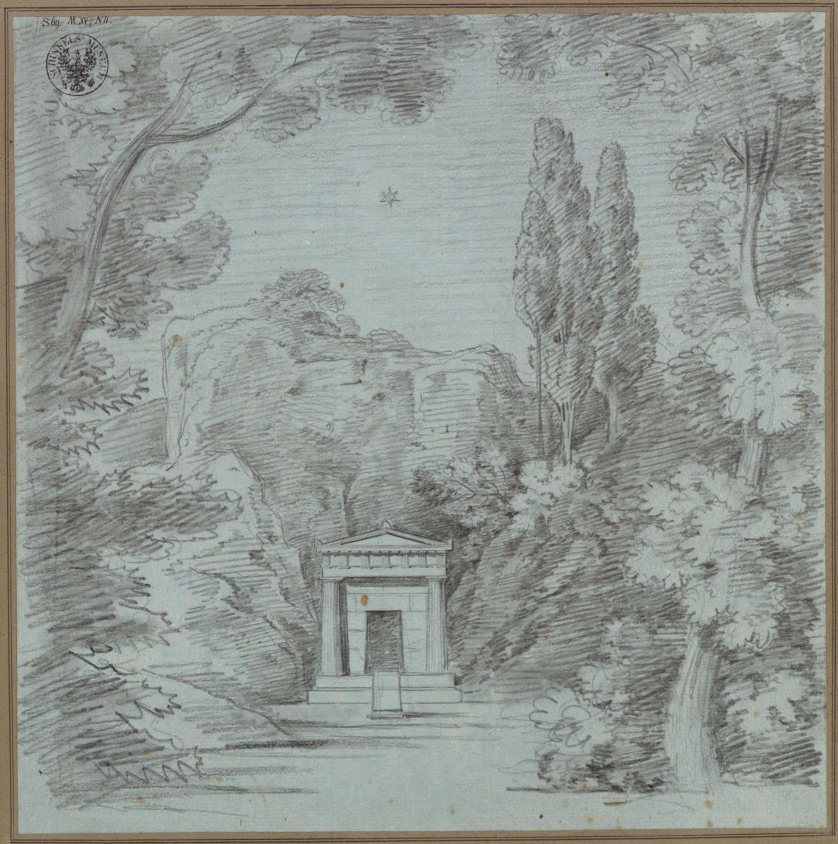 Orpheus und Euredice. Oper von Christoph Willibald Gluck. Entwurf zur 1. Dekoration (?). Entwurf zu einem Mausoleum an einem Felsen
