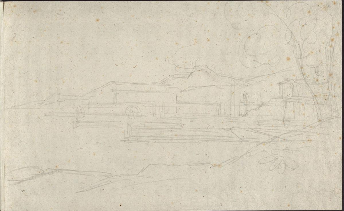 Skizze zu einer Landschaft mit antiken Bauten