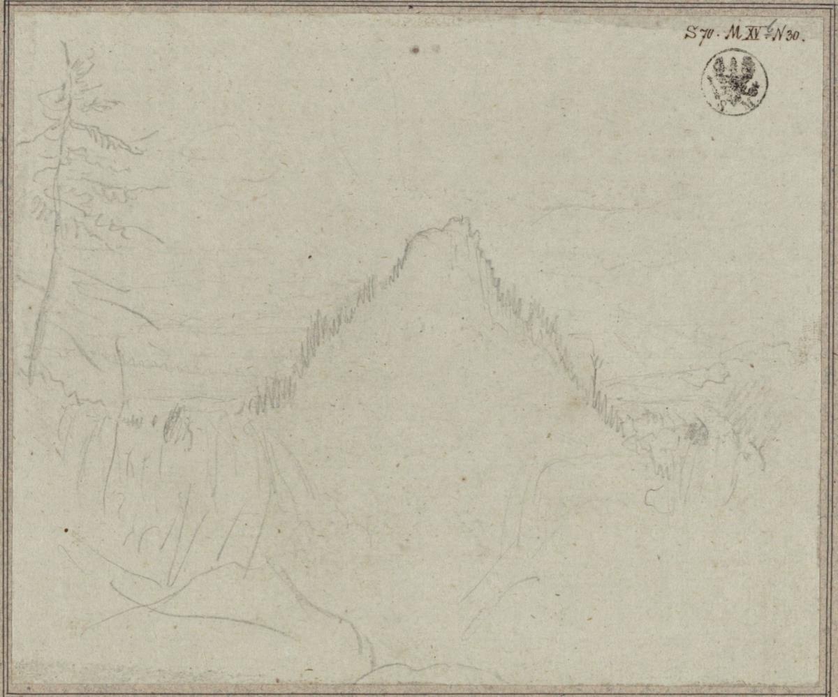 Landschaft mit Berg und Wasserfall / Studie zu dem Gemälde "Der Abend"