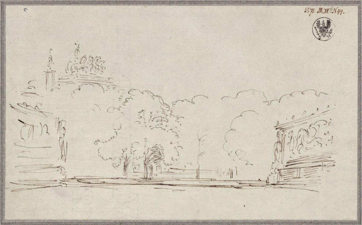 Torarchitektur mit einer Quadriga hinter Bäumen